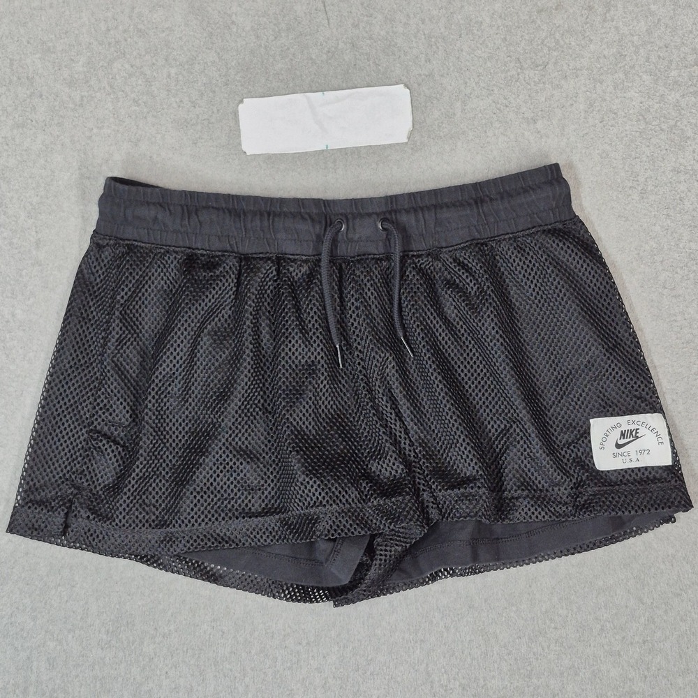 Nike Women Activewear Shorts L Black Sportswear Heritage Mesh Lined Swoosh